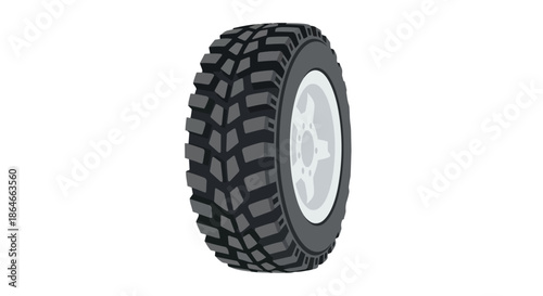 Robust off-road tire illustration showcasing an aggressive tread pattern and a sleek five-spoke alloy rim, designed for superior traction on