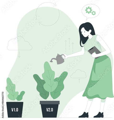 Woman Watering Plants Representing Software Version Updates in a Serene Environment