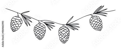 Stylized pine branch with four hanging cones captures a minimalist winter season essence perfect for holiday greeting cards, gift tags, or festive decorations