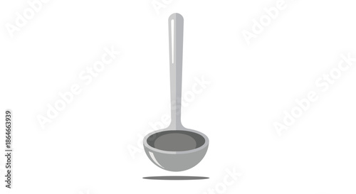 A modern metallic kitchen utensil deep serving spoon with a long handle and polished finish for culinary use illustrated cleanly on a pristine white