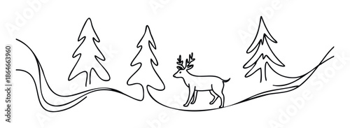 A minimalist continuous line drawing depicting a serene winter forest scene with a majestic deer and evergreen trees, suitable for holiday branding, seasonal greeting, or naturethemed