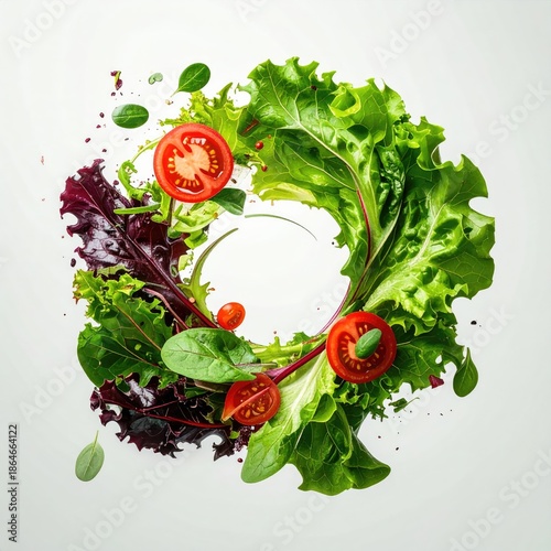 Fresh, vibrant salad with tomatoes, creating a circular, healthy arrangement