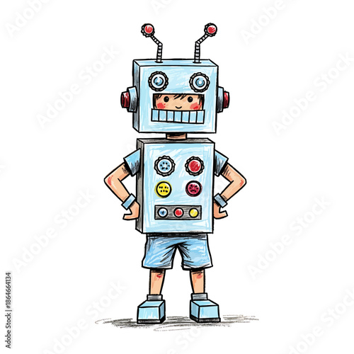 Cute Boy Wearing Homemade Robot Costume Hand Drawn Illustration