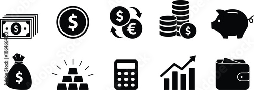 Money and finance icon set with dollar bills coins and currency exchange, business investment symbols including piggy bank wallet gold bars and growth chart, banking vector graphics isolated.