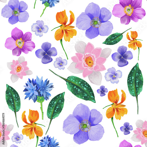 Seamless floral pattern with realistic handmade flowers, crafted with attention to fine details and natural textures. Elegant and timeless background inspired by modern botanical trends.