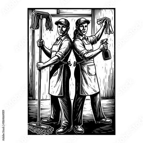 Confident Male And Female Cleaners Standing Back To Back Illustration