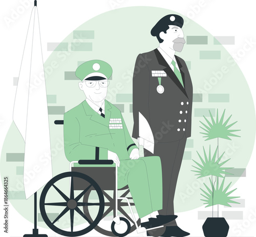 A military officer in a wheelchair with a medal recipient standing beside him in a solemn ceremony.