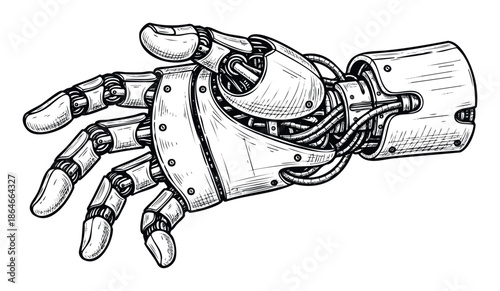 Detailed black and white engraving of a futuristic bionic robotic hand featuring exposed internal wires and mechanical joints, perfect for technology magazines, science fiction book covers,