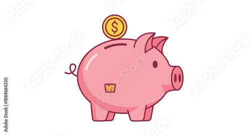 Charming pink piggy bank illustration with a gleaming dollar coin perched for saving, symbolizing financial growth and secure investment future
