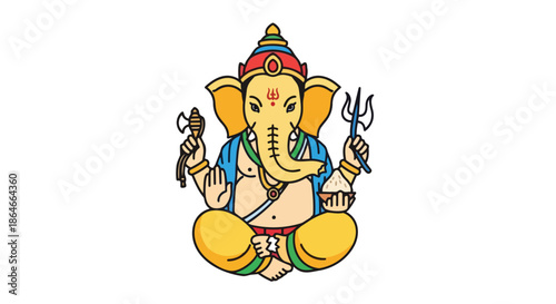 Vibrant cartoon depiction of an enlightened elephant-headed deity, symbolizing wisdom, success, and removal of life's obstacles