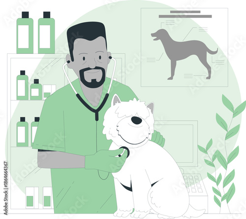 Veterinarian examining a white dog in a clinic with medical supplies nearby