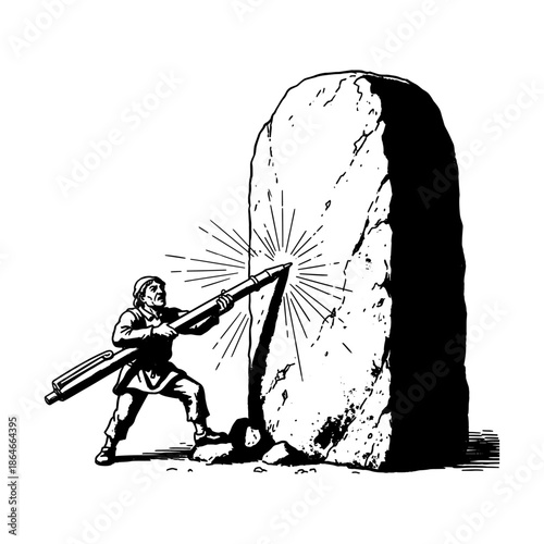 Man Carving Into Stone With Giant Pen Conceptual Illustration