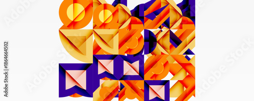 Abstract geometric composition. Orange, purple hues dominate. Shapes interlock, creating dynamic visual texture. Modern design elements present.