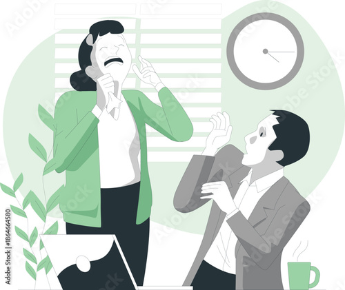 Two professionals engaged in a serious discussion in a modern office setting near a clock