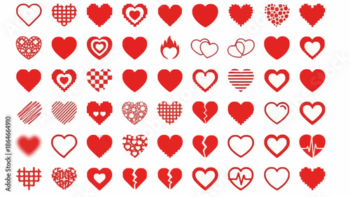 A versatile digital collection of vibrant red heart vector icons, showcasing diverse styles and expressions for love, romance, and emotional design projects