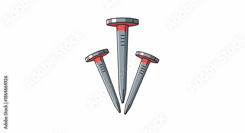 Three metal nails with red heads arranged in a triangular formation against a plain white background.