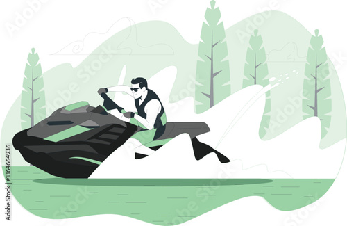 Man Riding Jet Ski on Water with Trees in Background