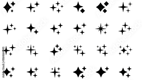 Diverse collection of black sparkling and star-shaped vector icons, ideal for adding a touch of brilliance and visual flair to modern graphic design projects