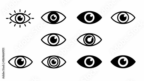 Comprehensive collection of versatile eye icons for digital interfaces, representing surveillance, observation, vision, and artificial intelligence concepts in modern design projects