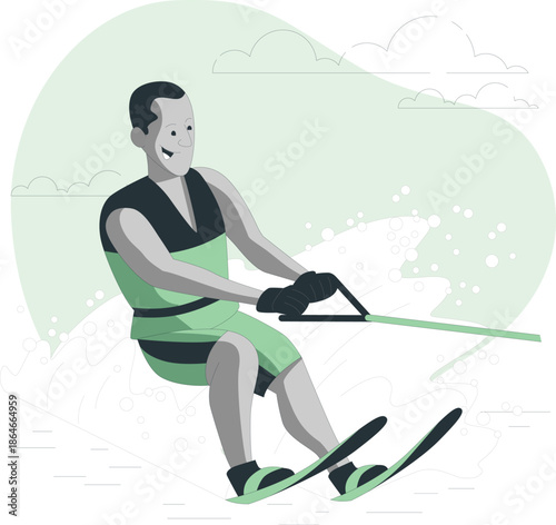 Man water skiing on a serene lake with a rope, enjoying a leisurely activity in a beautiful outdoor setting