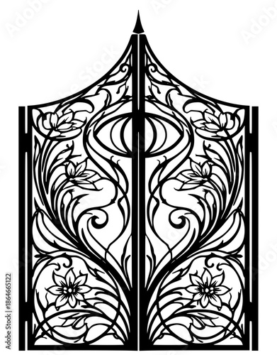 Black silhouette of an ornamental garden gate featuring elegant Art Nouveau floral patterns and scrolling vines. High-detail architectural graphic for landscape and decor themes.