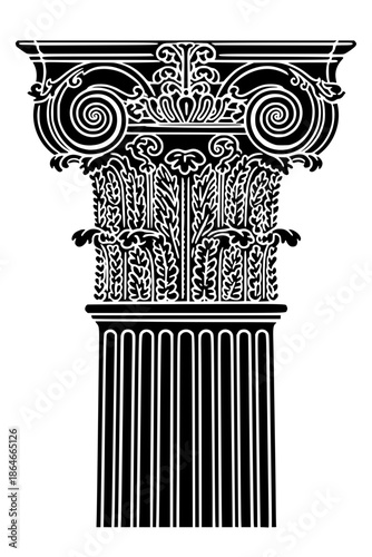 Detailed black silhouette of a classical Corinthian column capital featuring ornate acanthus leaf carvings and volutes. Elegant architectural graphic representing ancient Greece and Rome.