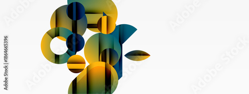 Abstract geometric shapes overlap, creating vibrant color blends. Composition feels modern, dynamic, minimalist. Soft gradients enhance visual interest.