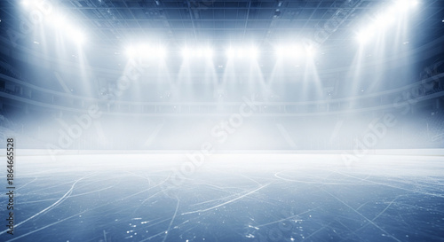 Empty ice rink arena with bright lights and fog, hockey stadium interior with spotlight beams and mist, frozen ice surface with markings with hockey arena