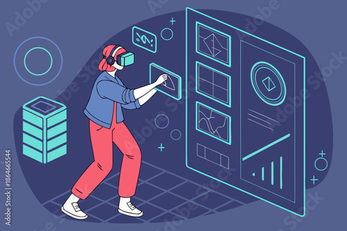 Virtual reality gamer vector illustration with futuristic environment and interactive digital elements