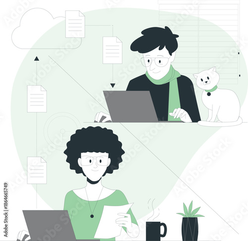 People working on laptops in a modern office environment with pets and plants nearby, viewed from above.