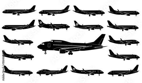 Dynamic airplane silhouette vector set with takeoff landing and flying angles isolated on white background