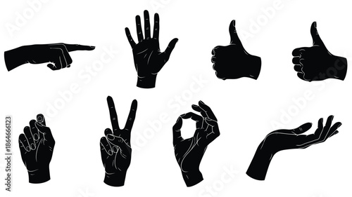 Various hand gestures depicted in a striking black and white silhouette