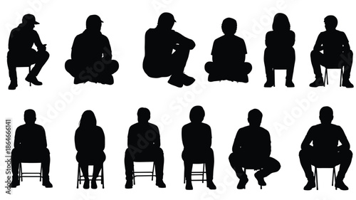 Diverse group of people in various seated poses black silhouette