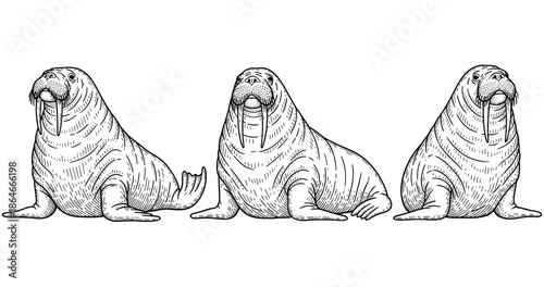 Illustrated walruses trio with detailed line art and flippers