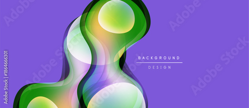 Abstract fluid shapes overlap, creating vibrant color gradients. Purple background enhances dynamic composition. Modern design element.