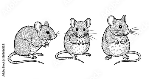 Detailed black and white illustration of three mice in different poses