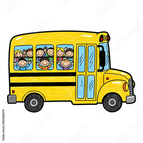 Cute Yellow Cartoon School Bus With Happy Children Waving Illustration