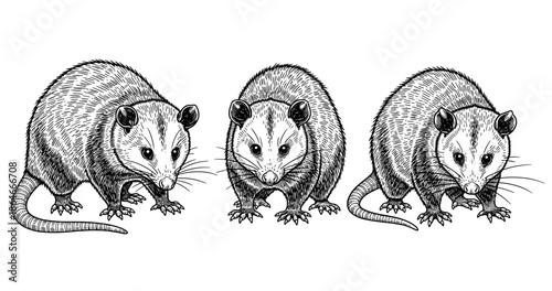 Three black and white opossums illustration showing detailed features