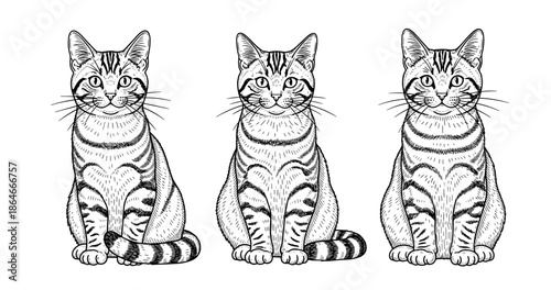 Black and white illustration of three tabby cats sitting together
