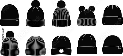 Winter knit hat silhouette collection featuring beanies with pom poms and cuffs, cozy cold weather headwear designs in black and white isolated on white background