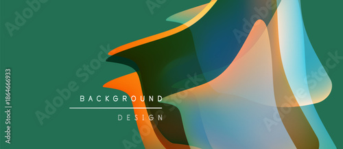 Abstract shapes overlap, creating vibrant color gradients. Background features text background design in capital letters. Modern, minimalist aesthetic.