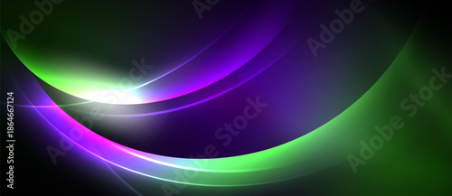 Abstract flowing lines, vibrant green, purple hues. Bright light source creates dynamic visual effect. Smooth gradients dominate composition.