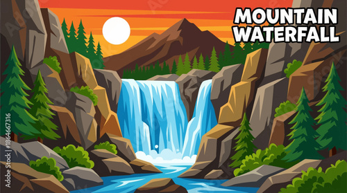 mountain waterfall cascades through a rocky valley, emphasizing elevation, raw nature, erosion patterns, and dramatic movement within a pristine wilderness landscape