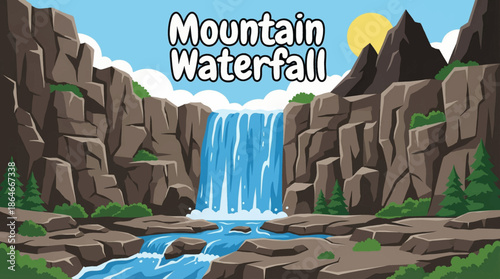 mountain waterfall cascades through a rocky valley, emphasizing elevation, raw nature, erosion patterns, and dramatic movement within a pristine wilderness landscape