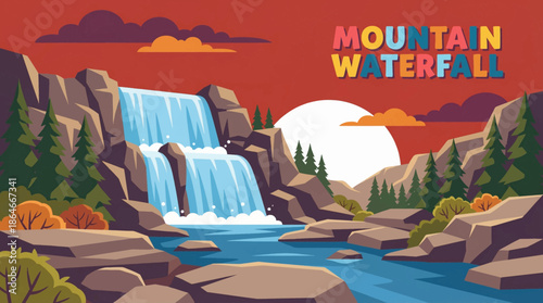 mountain waterfall cascades through a rocky valley, emphasizing elevation, raw nature, erosion patterns, and dramatic movement within a pristine wilderness landscape