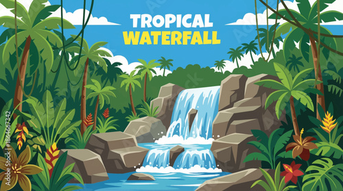 tropical waterfall flows through dense jungle vegetation, highlighting lush greenery, humidity, vibrant ecosystems, and exotic natural beauty in a secluded rainforest environment
