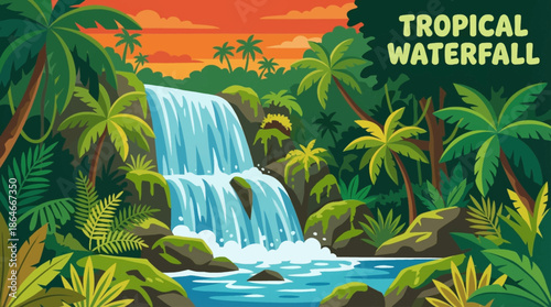 tropical waterfall flows through dense jungle vegetation, highlighting lush greenery, humidity, vibrant ecosystems, and exotic natural beauty in a secluded rainforest environment