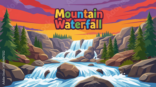 mountain waterfall cascades through a rocky valley, emphasizing elevation, raw nature, erosion patterns, and dramatic movement within a pristine wilderness landscape