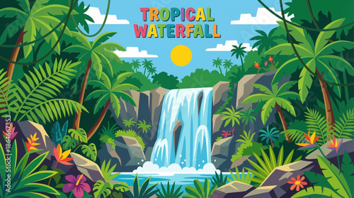 tropical waterfall flows through dense jungle vegetation, highlighting lush greenery, humidity, vibrant ecosystems, and exotic natural beauty in a secluded rainforest environment