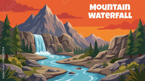 mountain waterfall cascades through a rocky valley, emphasizing elevation, raw nature, erosion patterns, and dramatic movement within a pristine wilderness landscape